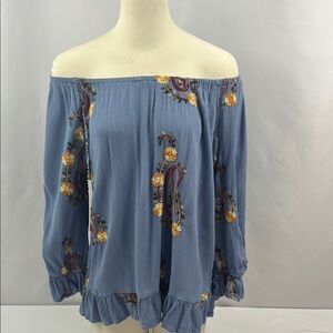 Liv Los Angeles Blue Boho Embroidered Floral Festival‎ Ruffled Gypsy Top Size M